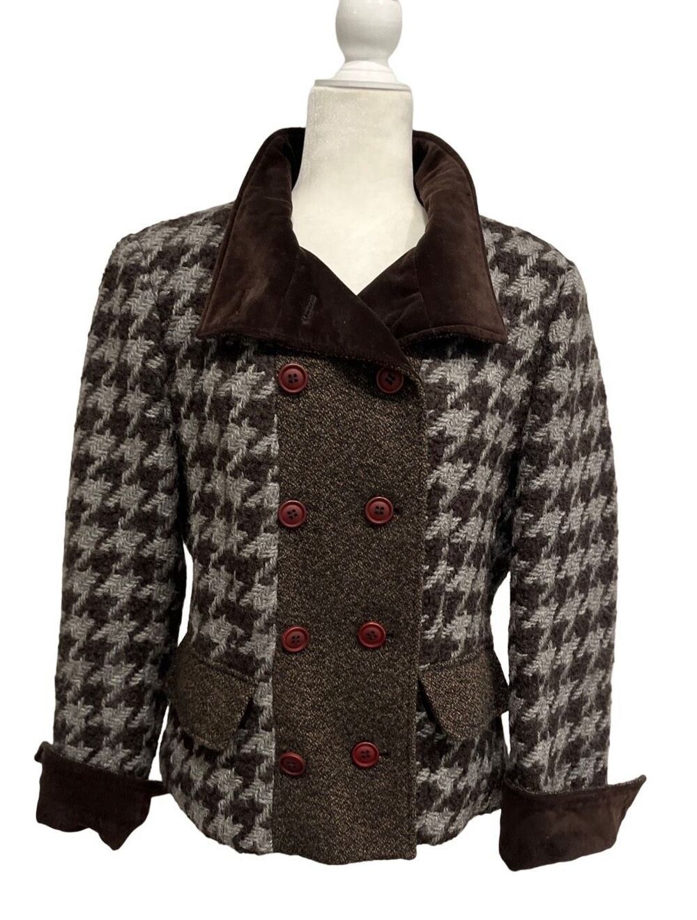 Laundry chocolate brown wool blend herringbone double breasted jacket with velve